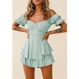 Turquoise‎ Blue Ruffle Short Sleeve Off Shoulder Layered Romper Short Jumpsuit